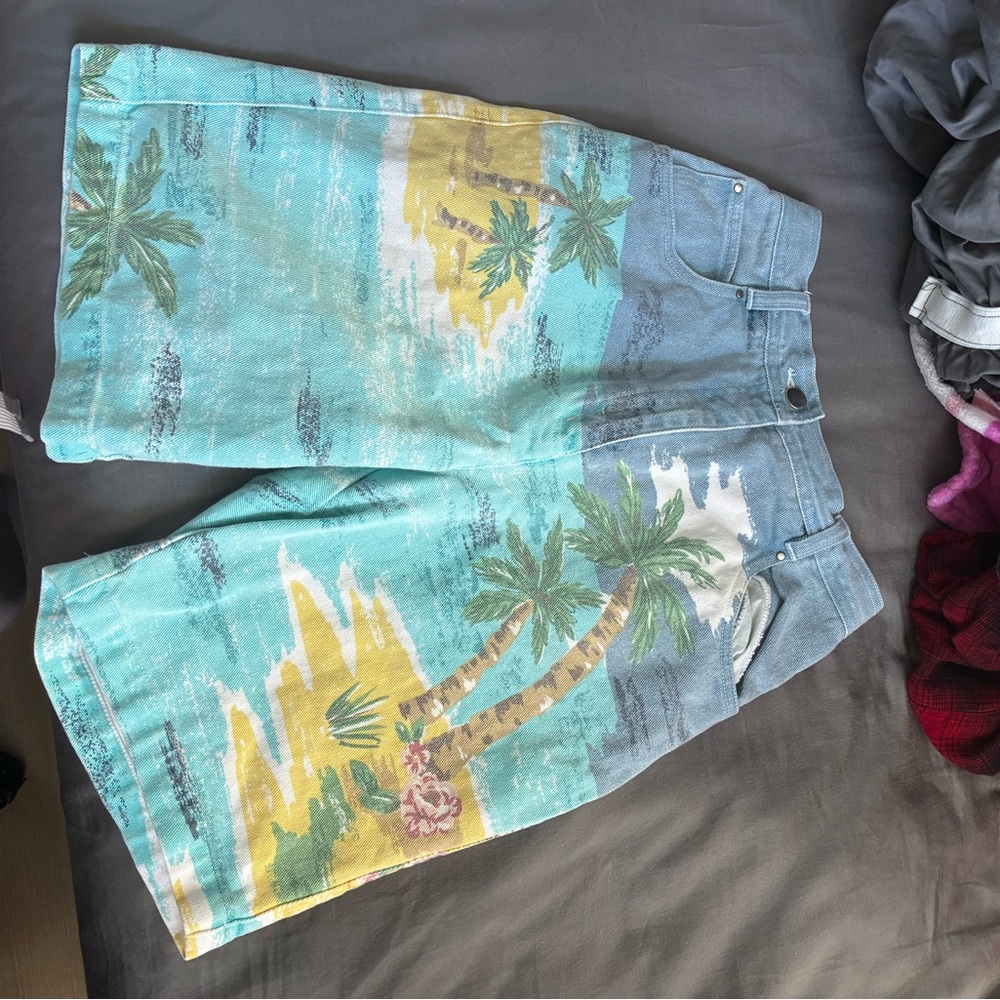 Vintage Tropical Print Denim Shorts